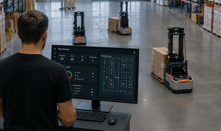 Lager mit Staplern und Logistik-Dashboard